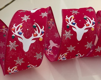2.5” Christmas Reindeer with Colorful Light Bulbs & Glittery Silver Snowflakes Wired Ribbon - Sold By The Yard