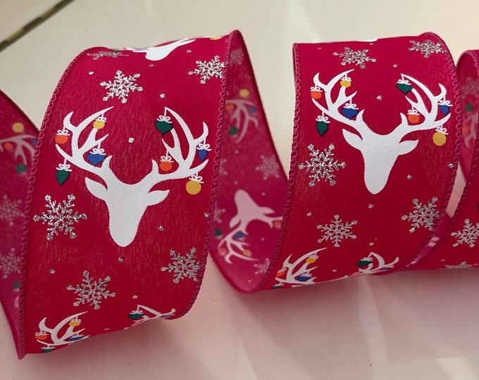 2.5” Christmas Reindeer with Colorful Light Bulbs & Glittery Silver Snowflakes Wired Ribbon - Sold By The Yard