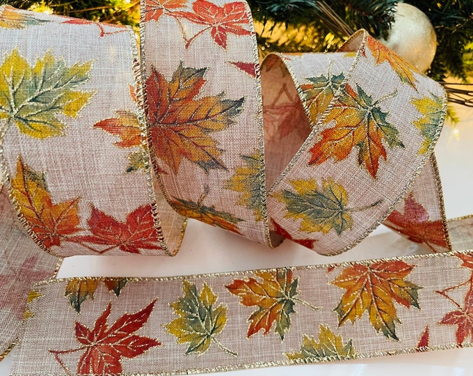 2.5" Fall Sparkle Leaves Wired Ribbon #94 - Sold By The Yard