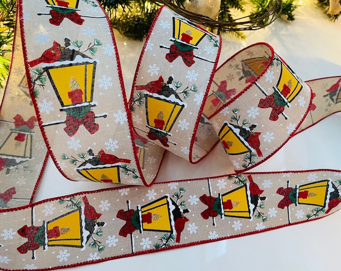 2.5" Glowing Gas Lantern with Snowflakes & Cardinals Wired Ribbon: Red, Yellow, White, Beige #77 - Sold By The Yard