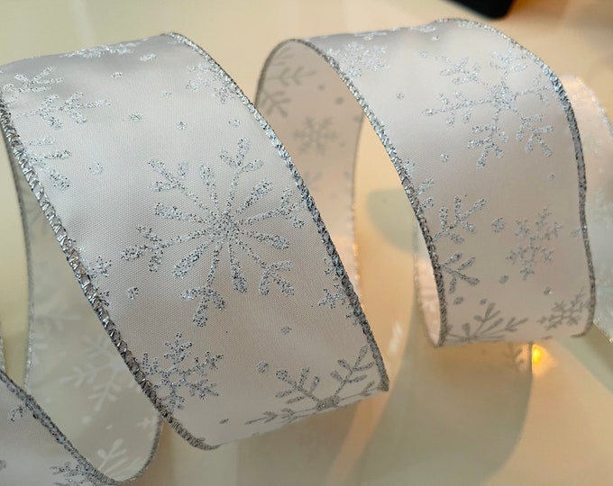 2.5" Frosty White and Silver Sparkle Snowflake Wired Ribbon - Perfect for Gift Wrapping, Wreaths, Decor & Much More! #592 - Sold By The Yard