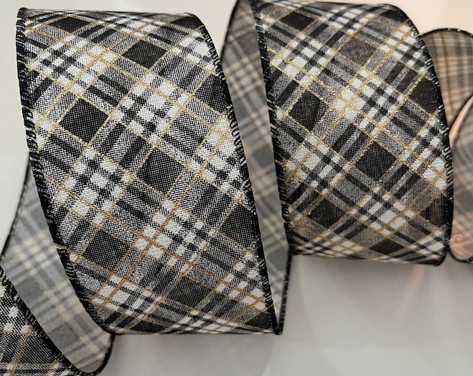 2.5” Black, White, & Gold Glitter Plaid Wired Ribbon - Sold By The Yard