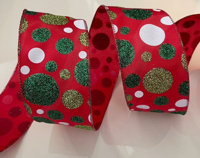 2.5” Green & White Glitter Dots, Red Wired Ribbon - Sold By The Yard