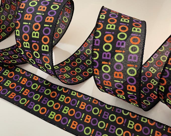 2.5" Halloween “ Boo! “ Wired Ribbon: Glittery Orange, Purple, Green, Black