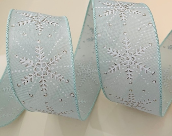 2.5” Light Aqua Wired Ribbon With Silver & White Glitter Snowflakes #730 - Sold By The Yard