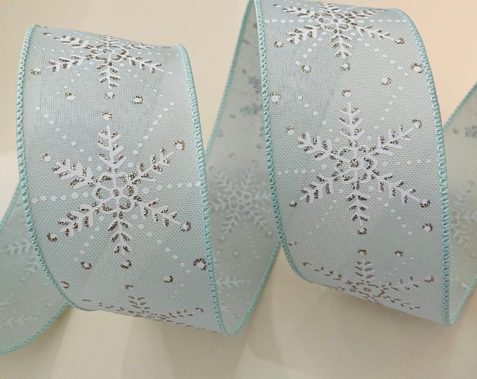 2.5” Light Aqua Wired Ribbon With Silver & White Glitter Snowflakes #730 - Sold By The Yard