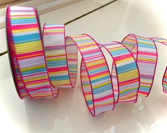 1.5” Pink, Blue, & Yellow Striped Wired Ribbon #292 - Sold By The Yard