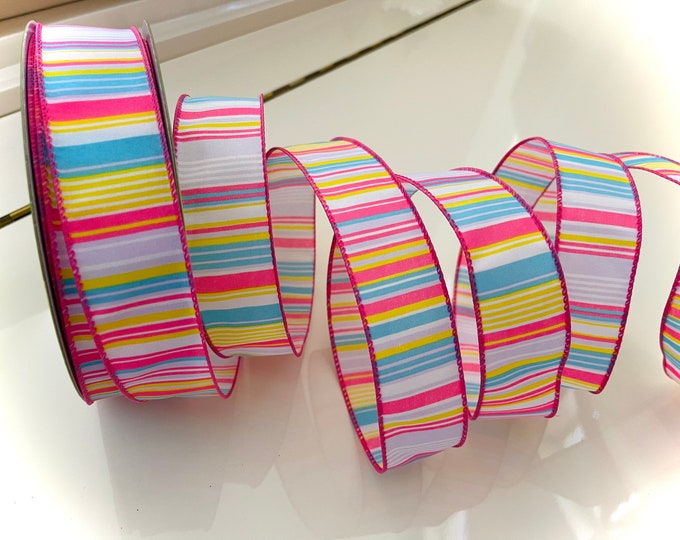 1.5” Pink, Blue, & Yellow Striped Wired Ribbon #292 - Sold By The Yard