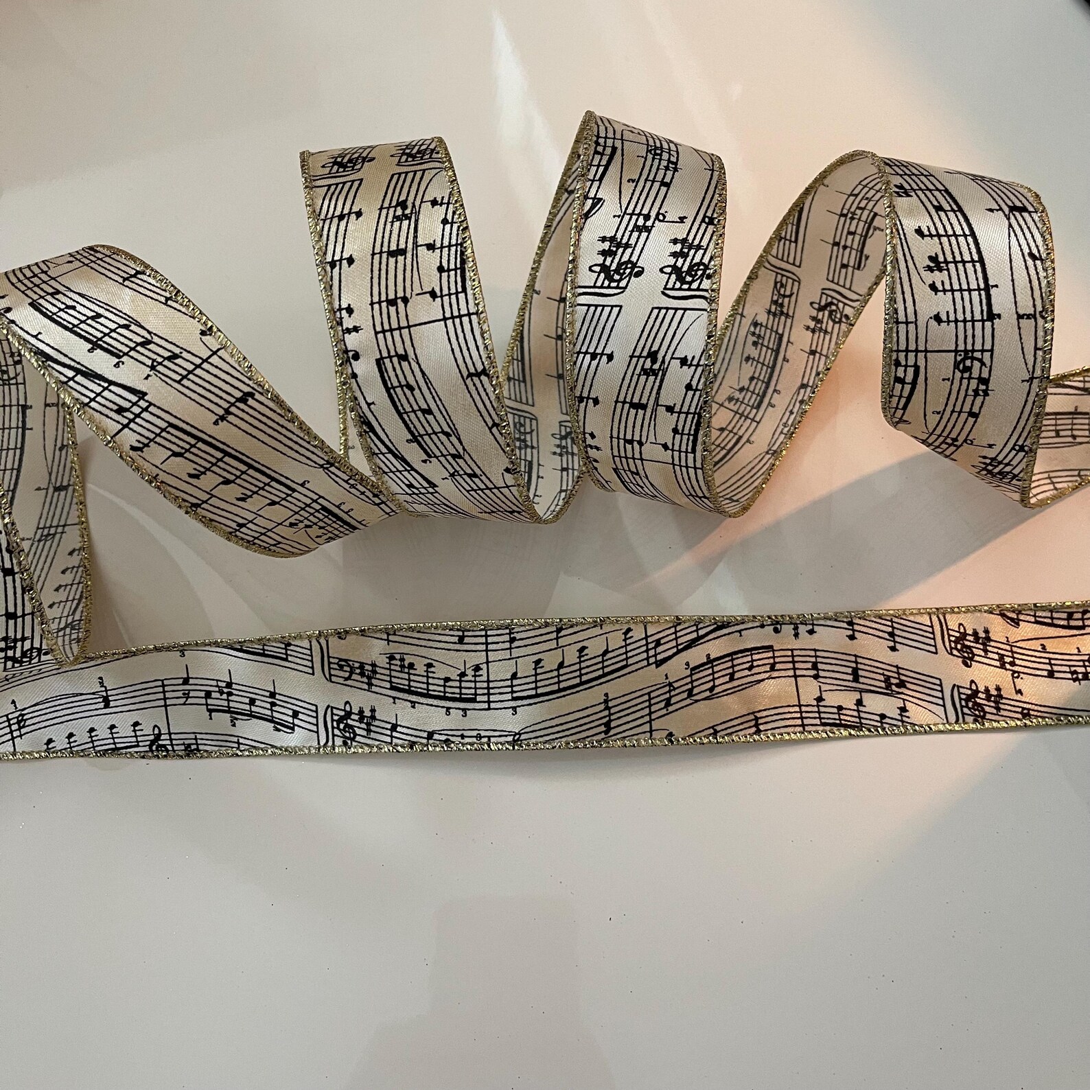 Music Note Ribbon Pattern 1.5” Vintage Bronze & Cream Colored Musical Notes Wired Ribbon #473 ...