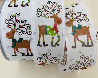 2.5” Christmas Reindeer Wired Ribbon: Red, Green, Brown, White #739 - Sold By The Yard