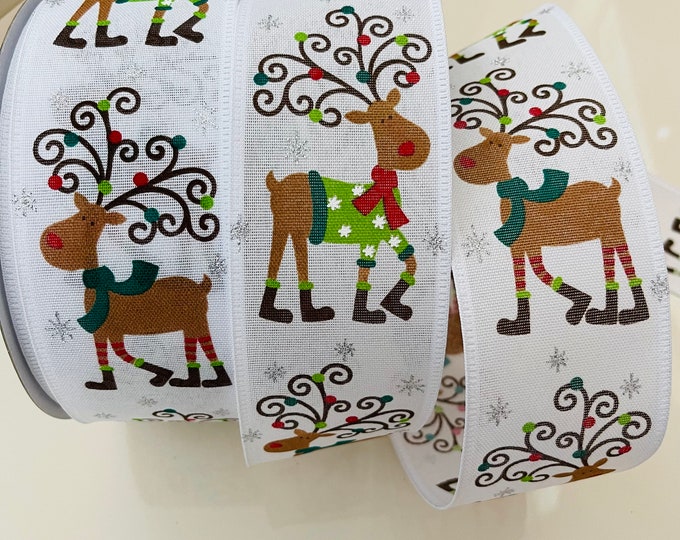 2.5” Christmas Reindeer Wired Ribbon: Red, Green, Brown, White #739 - Sold By The Yard