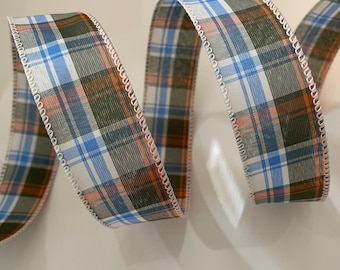 1.5” Peach, Blue, Olive Green, & Cream Plaid Wired Ribbon