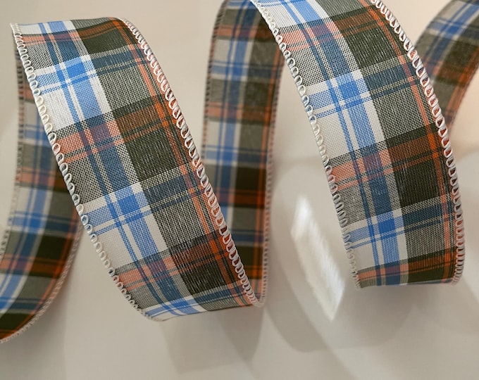1.5” Peach, Blue, Olive Green, & Cream Plaid Wired Ribbon