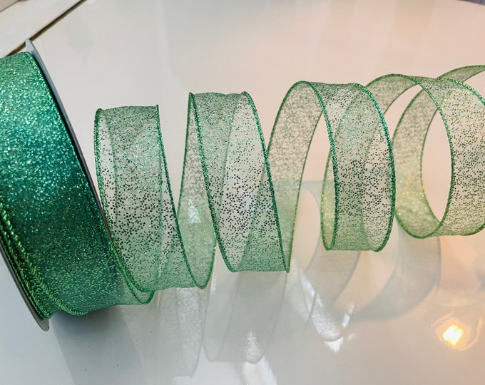 1.5” Sheer Glittery Green Wired Ribbon #1488 - Sold By The Yard