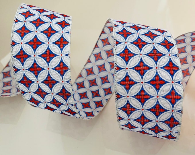 2.5” Red, White, & Blue Diamond Pattern Wired Ribbon - Sold By The Yard