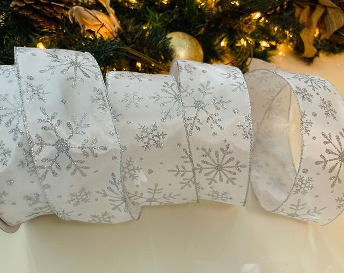 2.5” Sparkle Snowflakes Wired Ribbon: White & Silver - Sold By The Yard