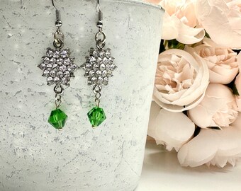 Silver dangle earrings with crystal and glass bead accents