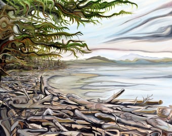 Large Giclee canvas print 30" x 36x1 1/2", Rebecca Spit Beach,BC, numbered,, landscape, seascape, Drift wood , artist Frank Pochyly