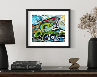 Lámina artística abstracta de orca, decoración oceánica moderna