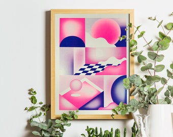 A3 risograph print of a fluor pink blue still-life