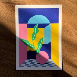A5 off set card of a colorful island landscape