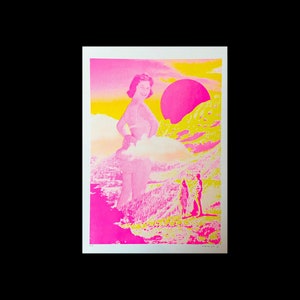 A3 risograph print of a pink yellow woman in the mountain landscape