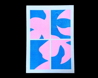 A3 risograph print of a pink blue leaves still-life