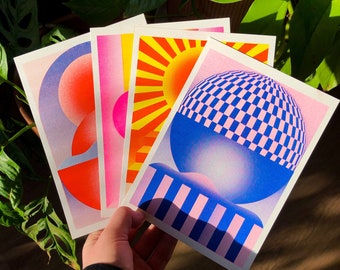 set of 4 small geometric colorful risograph prints