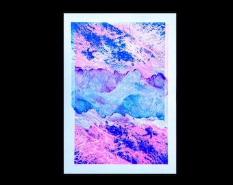 A3 risograph print of a pink blue landscape collage