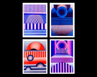 set of 4 small dark geometric colorful risograph prints (N02)