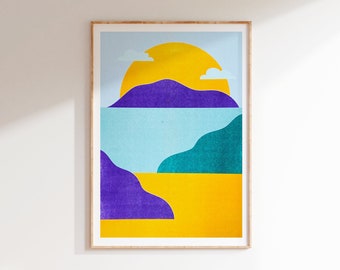 A3 risograph print of a teal river landscape