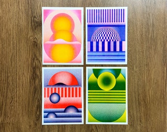 May include: Set of four colorful abstract art prints with geometric shapes and patterns. The prints feature a yellow, blue, green, and red color scheme.