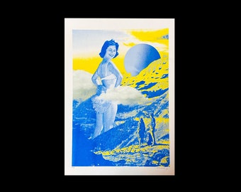 A3 risograph print of a yellow blue woman in the mountains collage