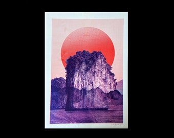 A3 risograph print of red purple Ha Long Bay cliff landscape