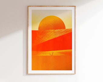 A3 risograph print of a red yellow desert landscape