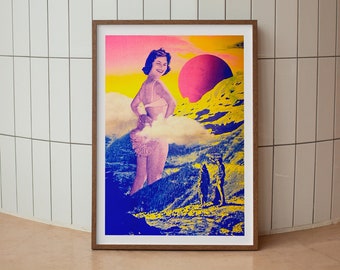 A3 risograph print of a colorful collage woman landscape