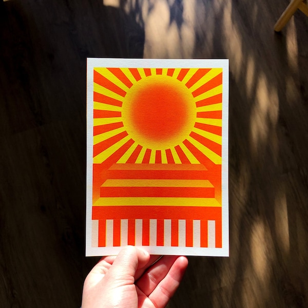 small risograph card of a red geometric sunset