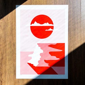 A4 risograph print of a red abstract cliff landscape