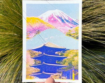 日本のコラージュ風景の小さなリソグラフプリント