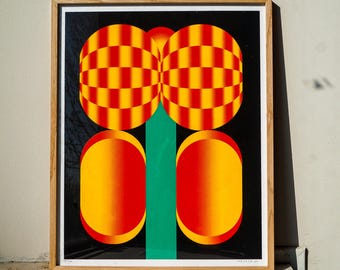 カラフルなポッピングフラワーの4色シルクスクリーンプリント（40 x 50 cm）