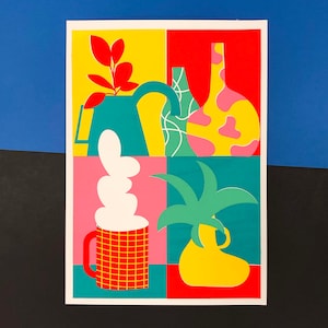 Handmade screen print of colorful random objects in the living room (5 colors)