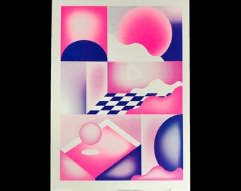 A3 risograph print of a fluor pink blue still-life