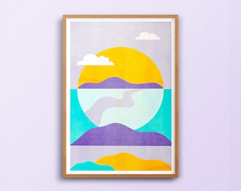 A3 risograph print of a pastel landscape