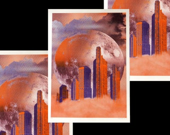 orange purple skyscraper landscape | risograph print