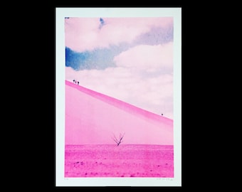 A3 risograph print of a pink blue sand dune landscape