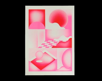 A3 risograph print of a fluor pink red still-life