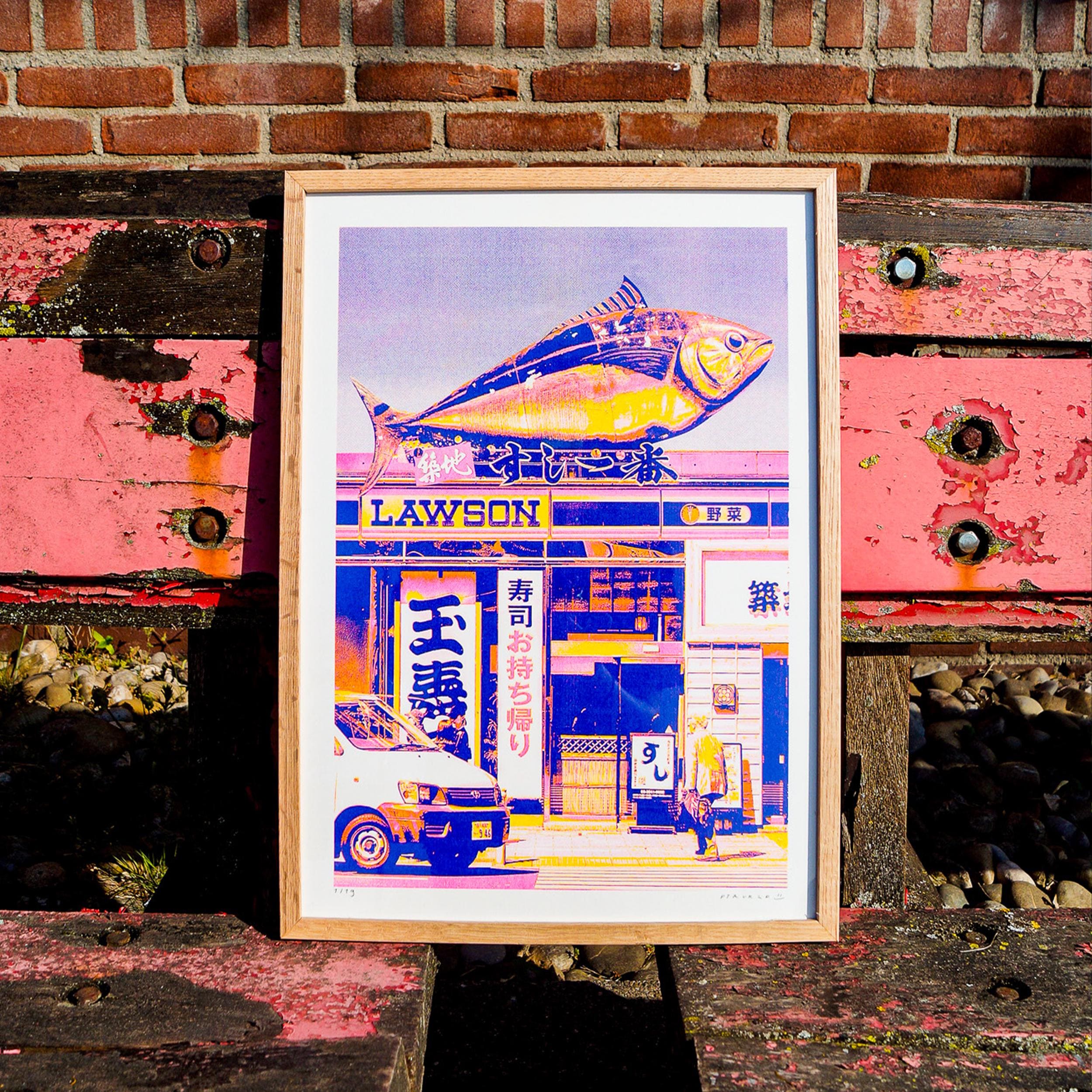 A3 collage risograph print of a cmyk Lawson landscape (Japan)