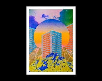 A3 risograph print of a colorful city landscape 01