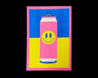 A3 size risograph print of a happy beer can