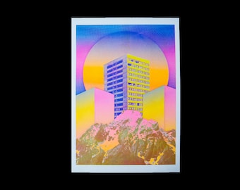 A3 risograph print of a colorful city landscape 02